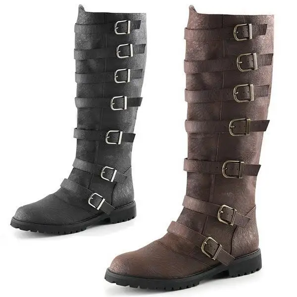 Men Motorcycle Boots Mid-calf Military Combat Boots Gothic Belt Punk Boots Medieval Shoes Tactical Army Boot Large Men's Boots