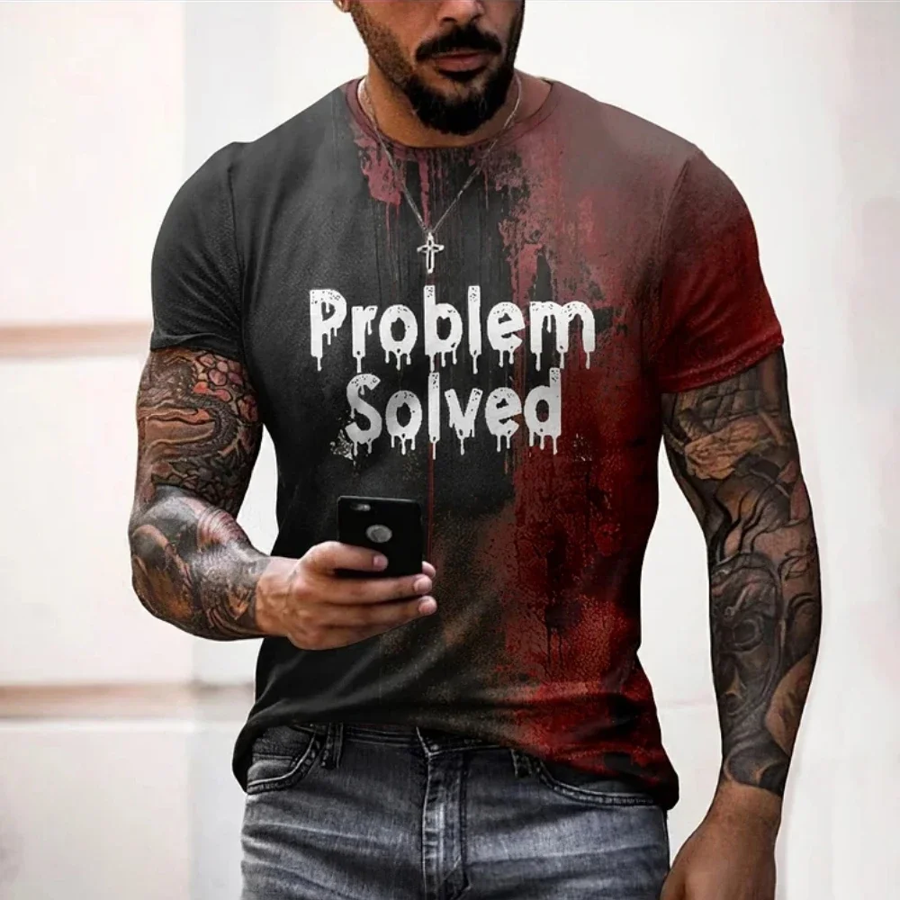 Men's T Shirts Problem Solved Bloody Print Tees Fashion Horrible Halloween Short Sleeve Tops Casual Round Neck Oversized T-shirt