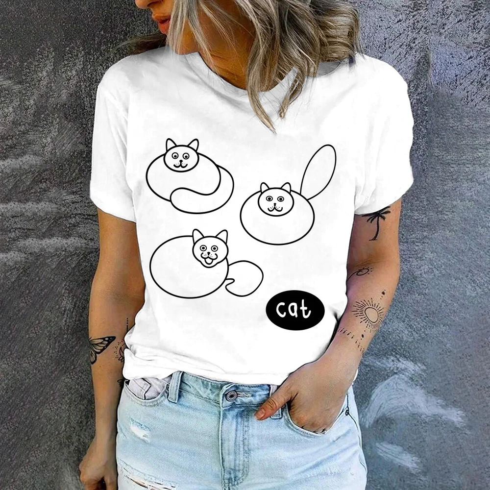 New Summer Casual Daily Short Sleeve Fashion Trend High Quality Women\'s T-shirt Cartoon Cat Print Loose Comfortable Short Sleeve