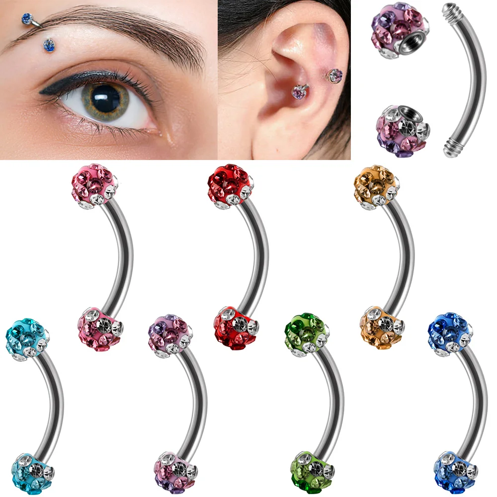 1PC Surgical Steel Colorful Crystal Ball External Thread Eyebrow Ring Ear Cartilage Tragus Helix Piercing Body Jewelry 16G