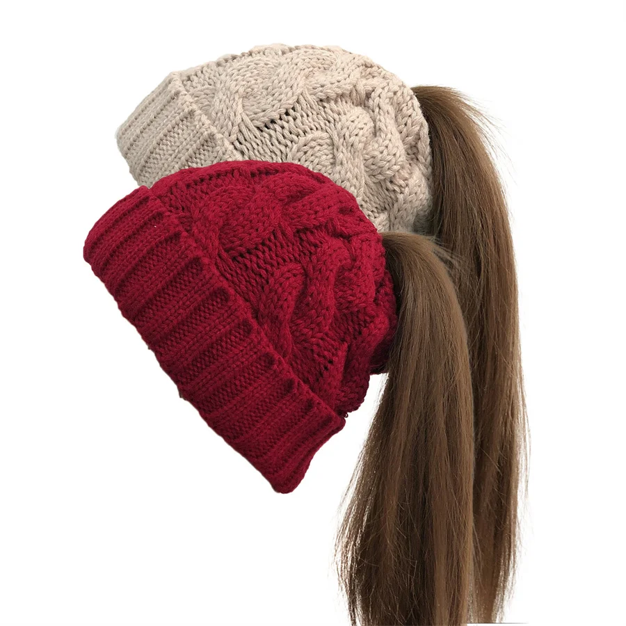 New Fashion personality Women girl Winter Stretch Crochet Knitted Hat Messy Bun Ponytail Beanie Holey Warm caps Headband gift