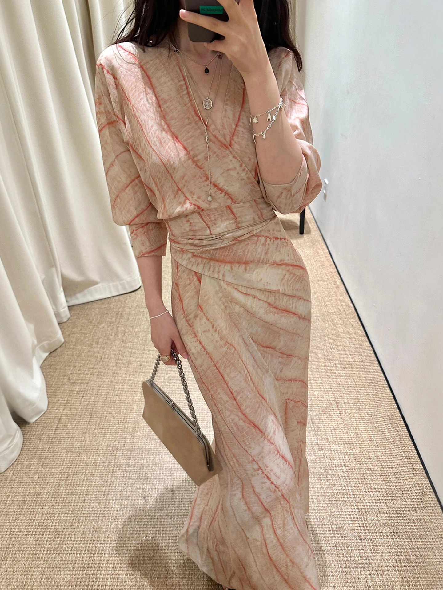 Ele V-Ne Adient Color Long Dr Damen Sommer 2025, New Beach Vaion, hohe Taille, A-Linien-Rock, Blumendruck Dr