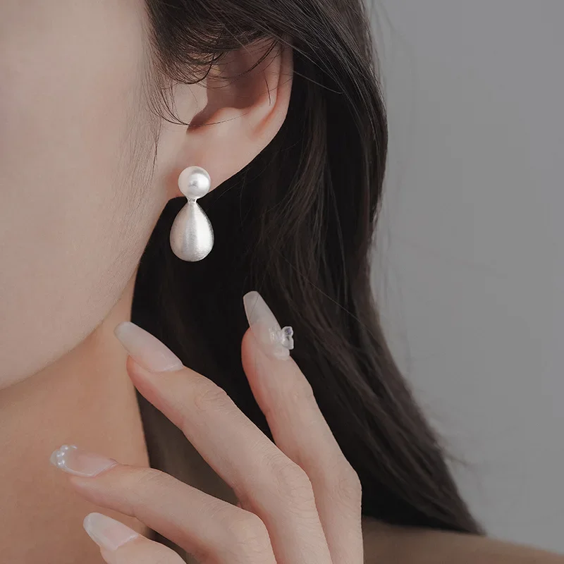 

Real 925 Sterling Silver Pearl Brushed Water Drop Pendant Stud Earring for Women Minimalist Classic Fine Jewelry Accessories