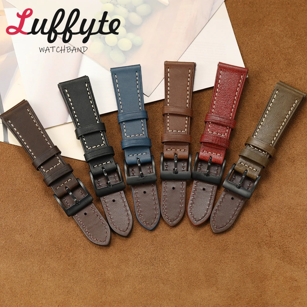 Vintage Genuine Leather Watchband 20mm 22mm Hand Stitching Cowhide Watch Strap with Black Buckle Men Women Wrist Band