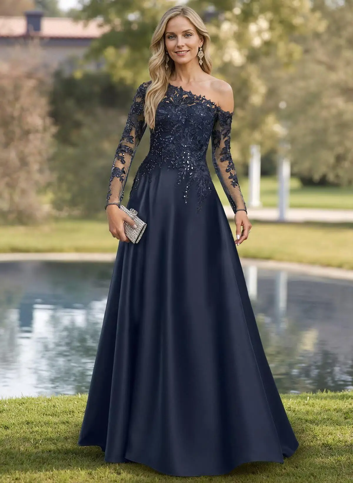 

One Shoulder Sequin Lace Mother of The Bride Dresses for Wedding Long Sleeve Satin Prom Formal Evening Gown