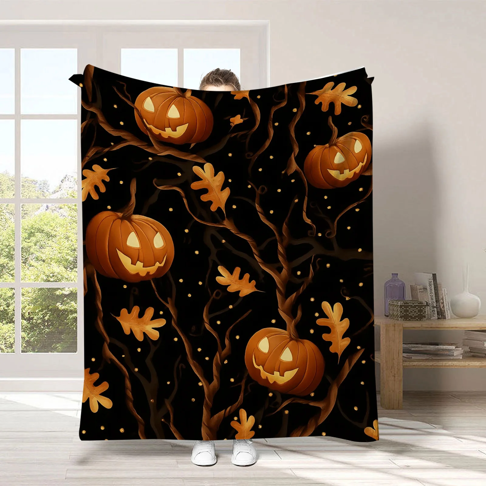 Gruselige schwarze Halloween-Flanelldecke mit Geistern, weiche Universaldecke, multifunktionale Dekorationsdecke, Weihnachtsgeschenk – Detail 4