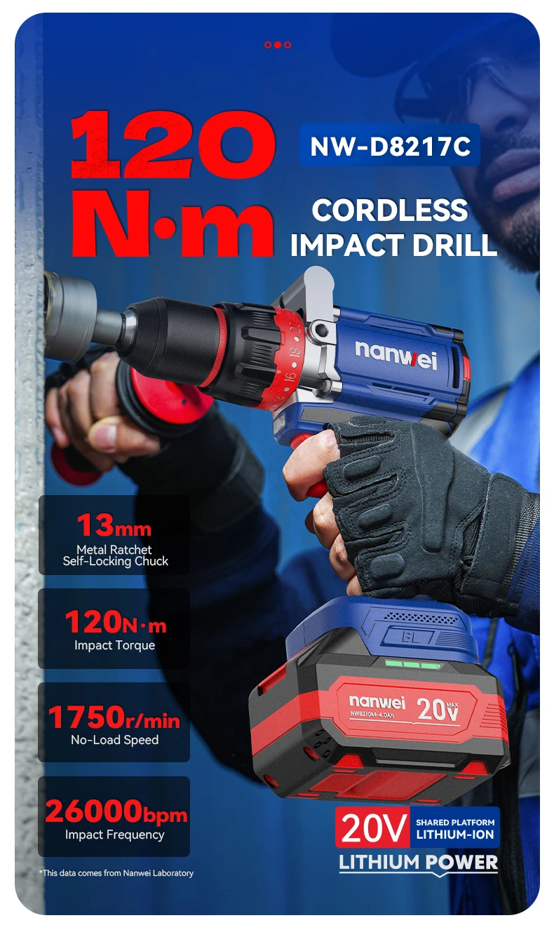 Brushless Cordless Impact Drill NANWEI Cordless 20v 13mm Ice Drill Power Tool 160NM High Torque
