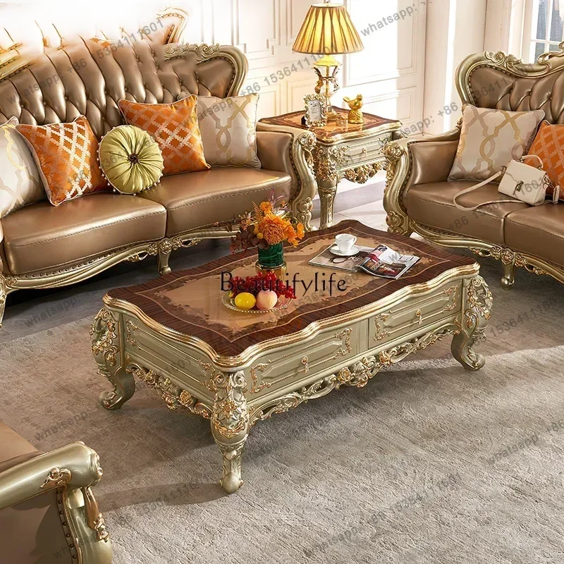 LD European Living Room Crown Coffee Table Gold Solid Wood Carving Flower European Marble Coffee Table Villa Furniture