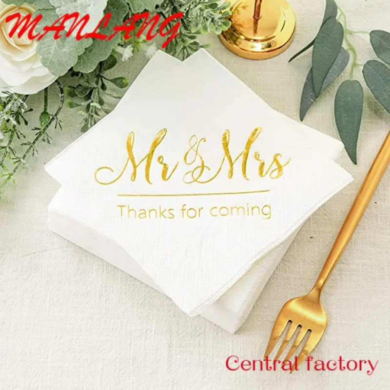 Custom  Boxed Crisky Wedding Tissue Mr and Mrs paper Napkin custom Gold Cocktail Beverage Dessert serviette wedding party servie