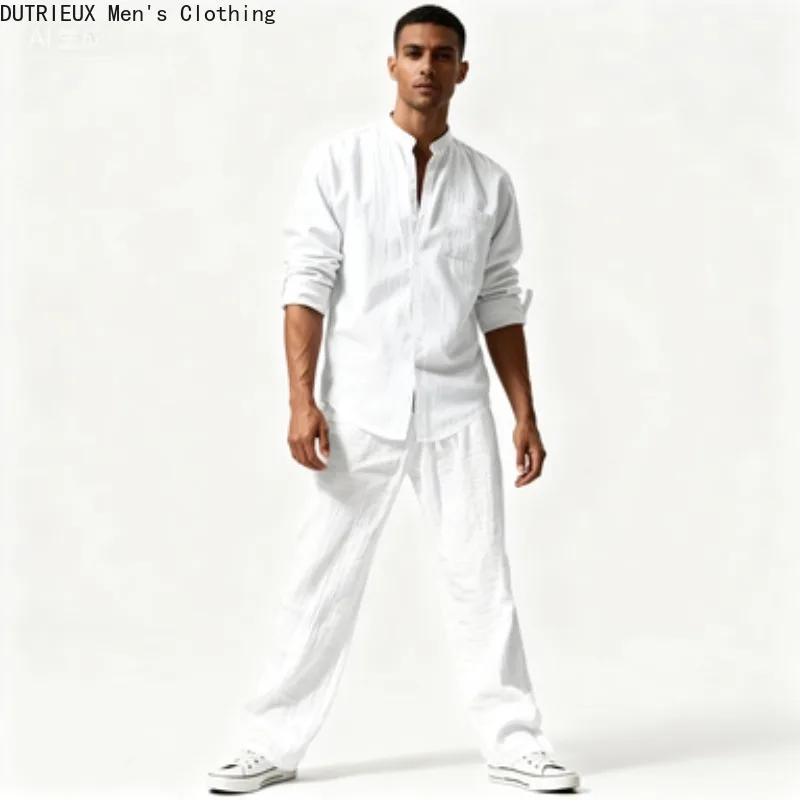 Conjunto de duas peças de algodão e linho masculino outono, camisa de manga comprida versátil simples de grandes dimensões + calças terno de linho confortável para homem