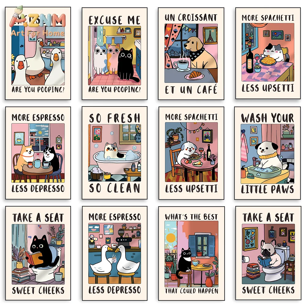 AZNM Funny Cartoon Pet Canvas Wall Art Cat Dog Duck Humorous Bathroom Kitchen Quote Print Unframed Canvas Painting for Cute Apar