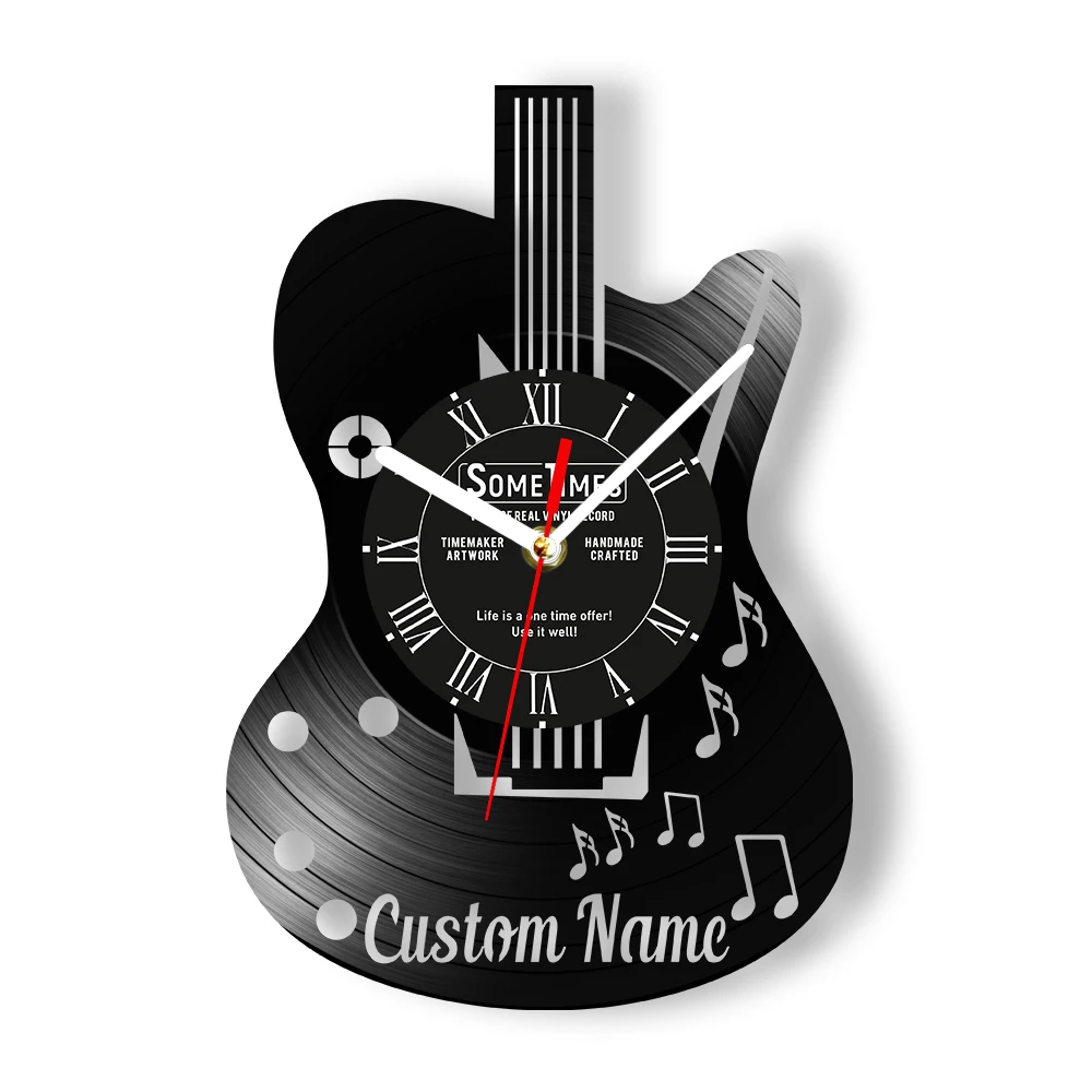 قطع الليزر ألبوم الموسيقى المخصصة الغيتار ساعة حائط مع نص مخصص شخصية عازف الجيتار اسم مسجل فينيل على مدار الساعة أفكار هدية الموسيقى