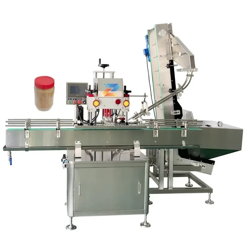 ZOSN Full Automatic 4 Wheels Peanut Butter Sauce Bottle Jar cap Screw Screwing Sealing Capping Machine with Cap Feeder Elevator