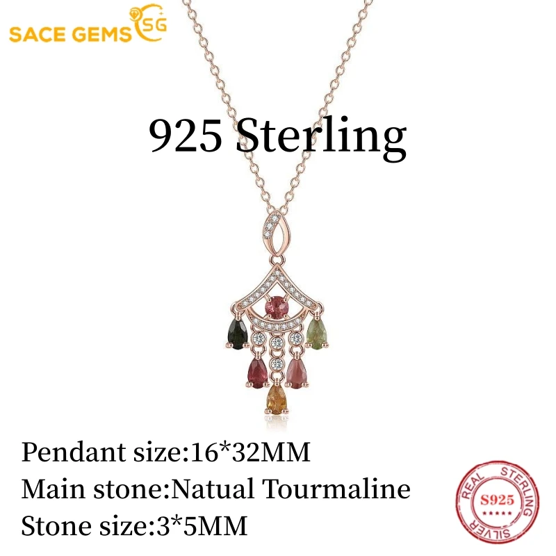 SACE GEMS Luxury 925 Sterling Silver Certified 3*5MM Natual Tourmaline Pendant Necklace for Women Cocktail Party Fine Jewelry