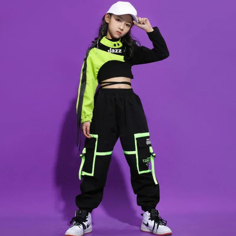 Kids Ballroom Hip Hop Clothing Outfits Crop Top Sweatshirt Streetwear Tactical Cargo Pants for Girls Jazz Dance Costume Clothes