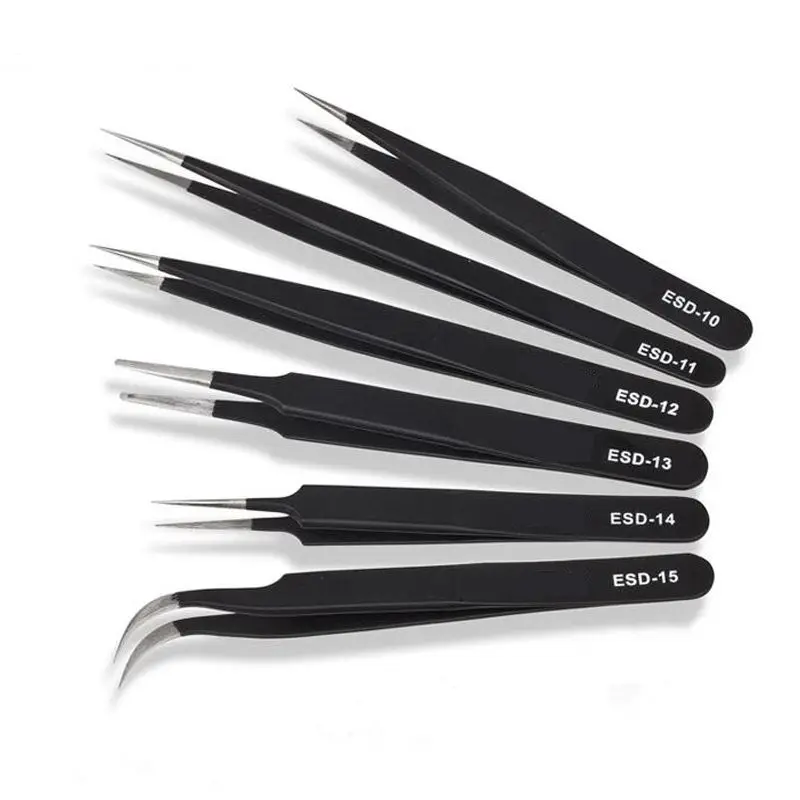 6PC/set Precision Anti-Static Tweezers Stainless Steel Tweezers Set For BGA Work Repair Curved Hand Tool ESD-10,11,12,13,14,15