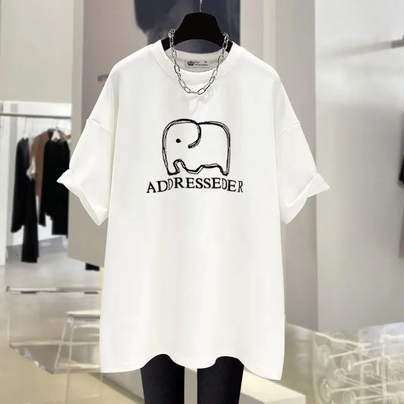 Women Clothing Cartoon Elephant Printing Short Sleeve T-shirt Summer Fashion Pure Cotton Basic O-neck Top Tee Oversized Pullover