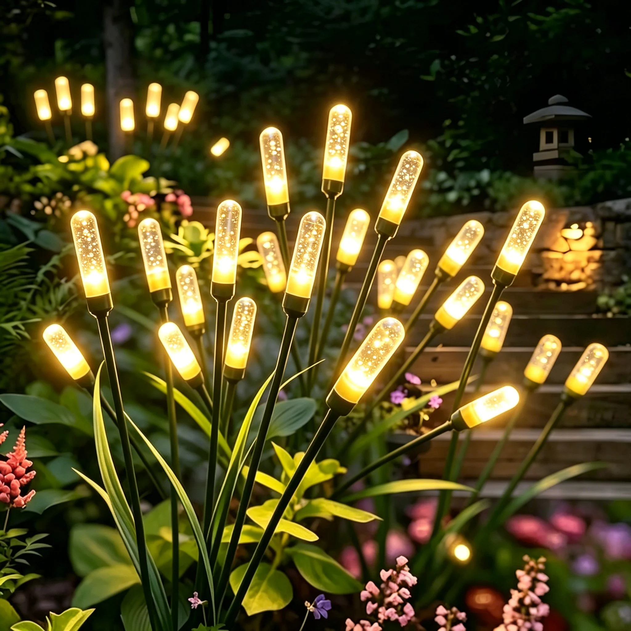 Luzes Solares de Vaso para Exterior com Efeito Vaga-lume 6 LEDs, Luminária Decorativa Impermeável para Caminhos, Jardins e Paisagismo