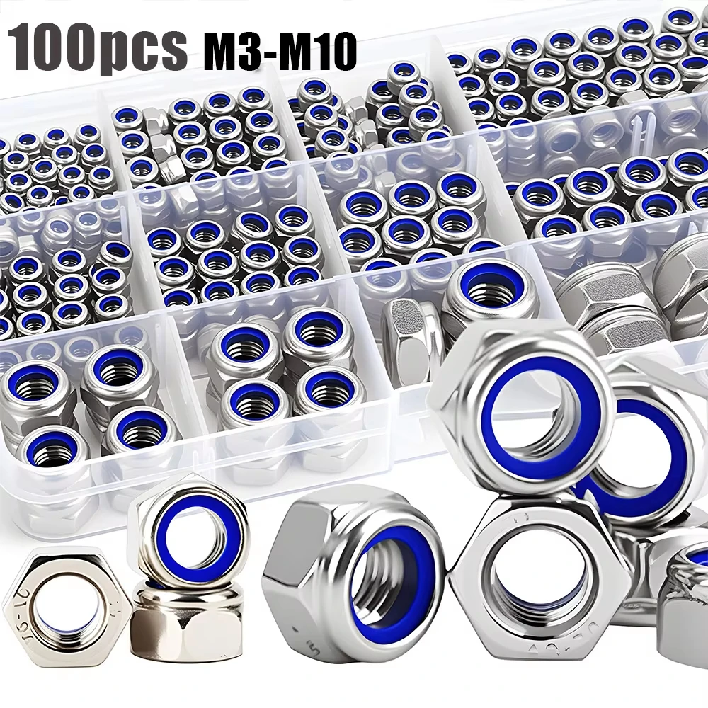 100 Pieces of Stainless Steel Nylon Anti-Slip Self-Locking Nuts M3-M10, Nylon Embedded Nuts, Hexagonal Screw Caps