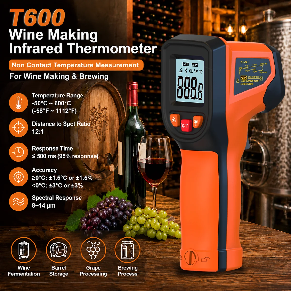 Infrared Thermometer for Wine Making Non Contact Temperature Gun for Fermentation Tank Brewing Equipment Surface Temp Monitoring