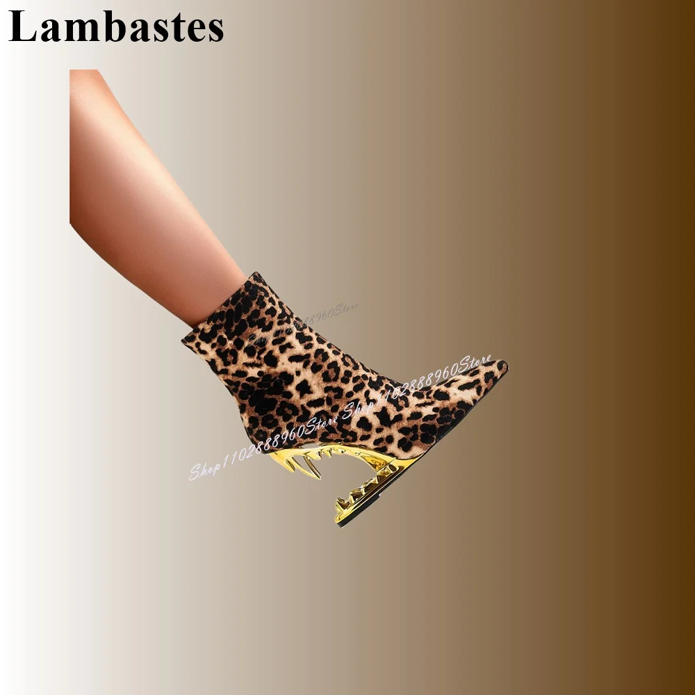 Western Leopard Print Teeth Heel Ankle Boots Strange Style Heel Women Shoes Side Zipper Pointed Toe 2024 Zapatos Para Mujere