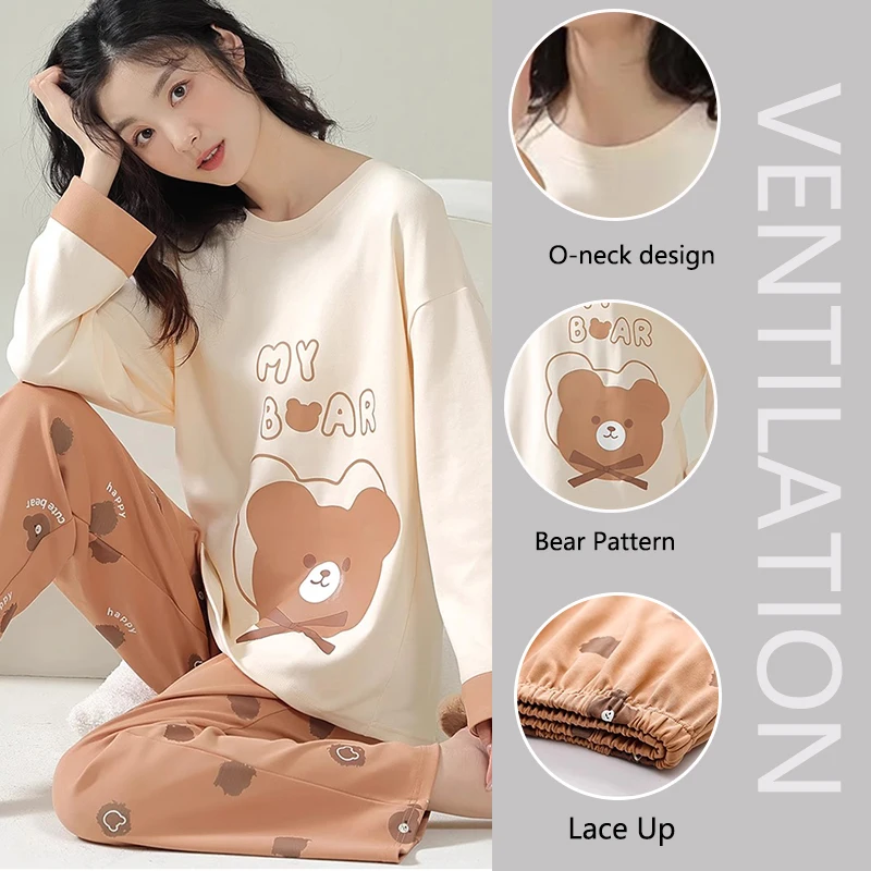 Pajamas Women Long-Sleeved Trousers Set Comfortable Simple Loose Cute Sweet Cartoon Bear Homewear Outside Sleepwear Girl Clothes