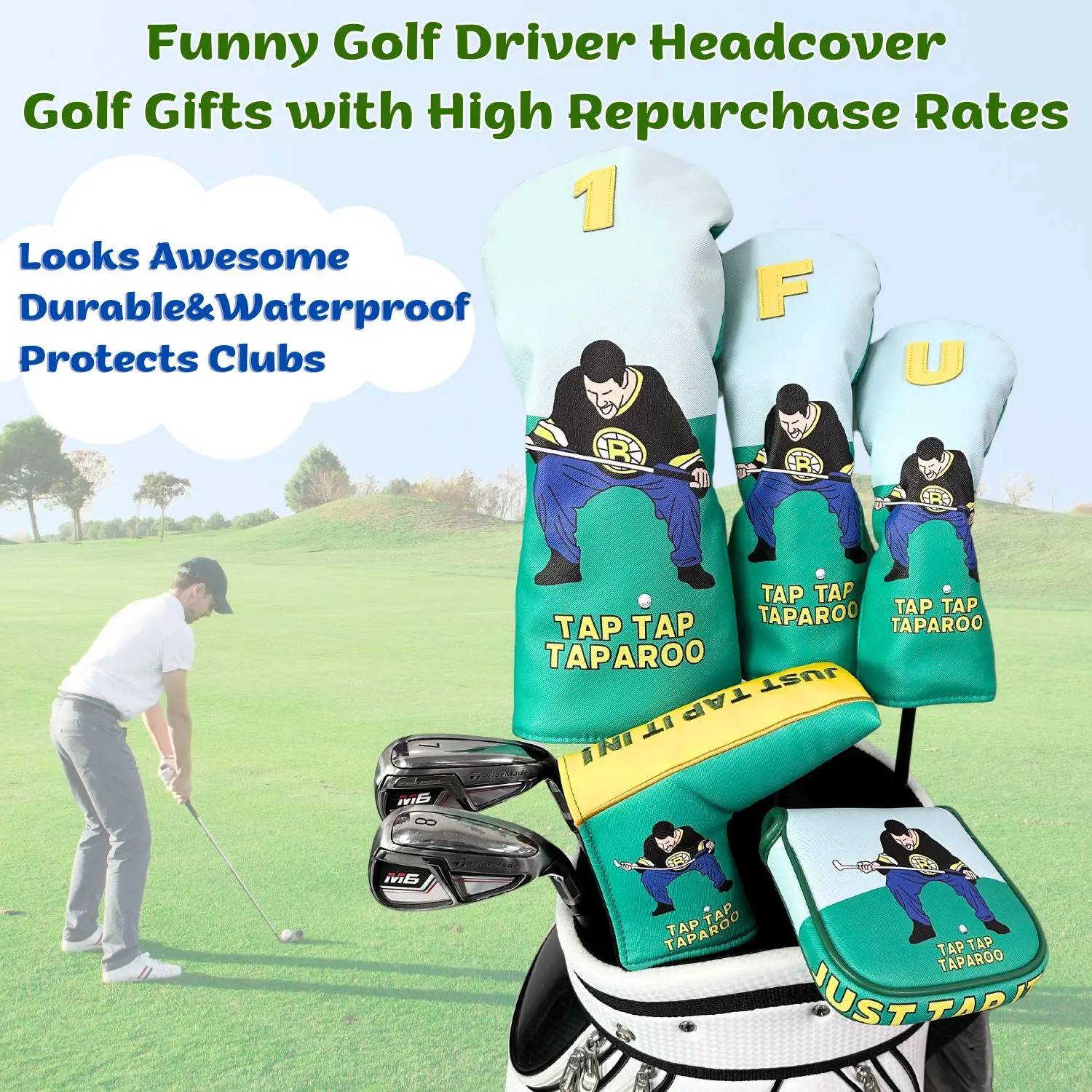 Golf PU Leather Head Covers for Driver, Funny Design Golf Club Head Covers with Soft Lining -Protective,Water-Resistant