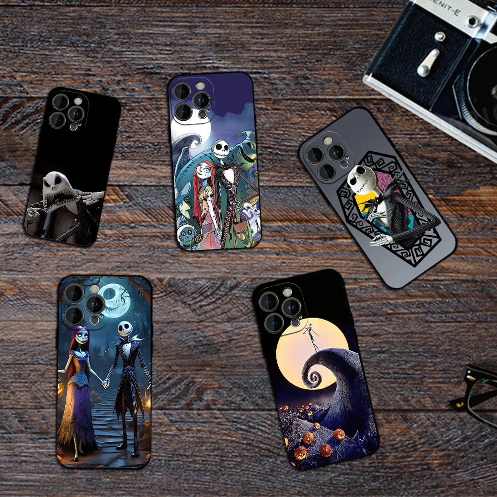 MINISO The N-Nightmare Before Christmas Phone Case for iPhone 12 11 13 14 15 16 Max Pro Plus Black Soft Silicone Cover