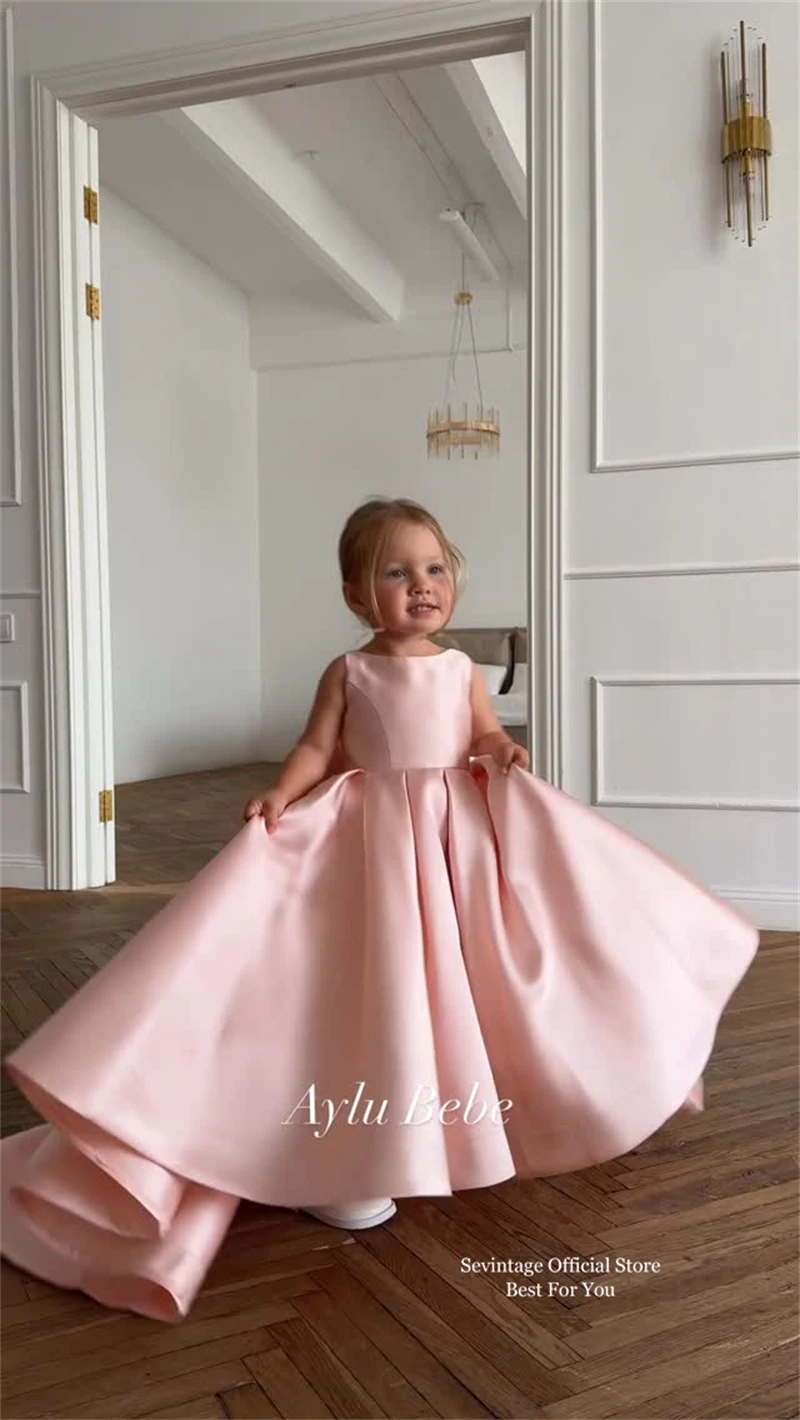 Sevintage lindo Rosa bebé vestidos de flores arco espalda cumpleaños chico vestido de fiesta vestidos de boda para niños ropa de niña 2026 personalizado