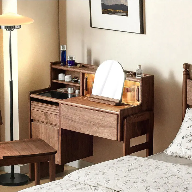 

Nordic simple black walnut dresser, all solid wood light luxury makeup table, bedroom multi-functional integrated makeup cabinet