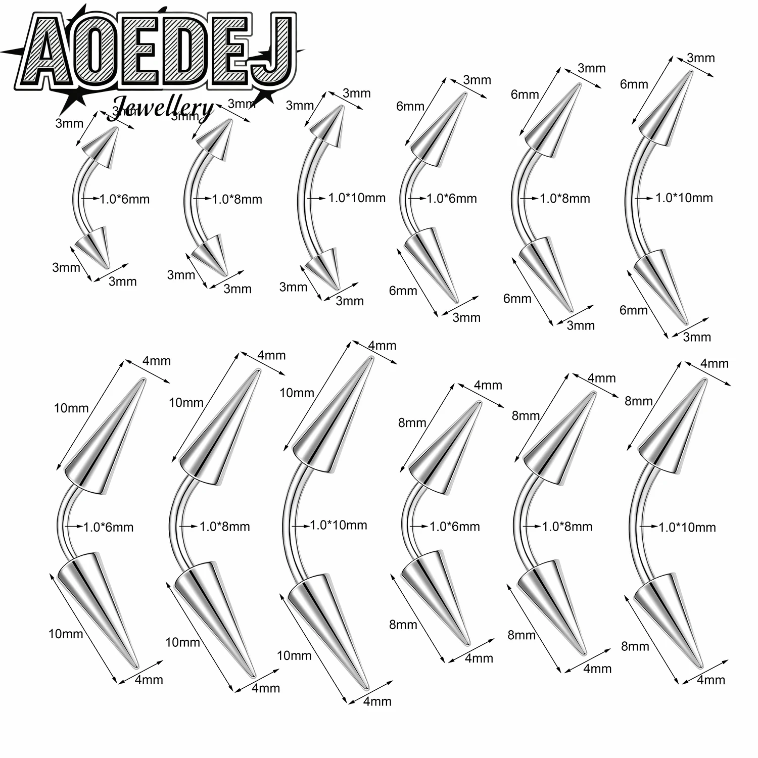 AOEDEJ 14/16/18G 1-10pcs/lot Stainless Steel Eyebrow Piercings Spike Eyebrow Rings Curved Barbell Bridge Piercing Jewelry 6-14MM