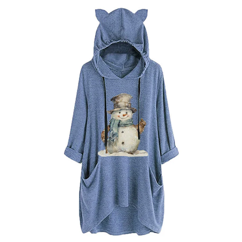 Autumn and winter warm season new cotton women's snowman top hat print fashion cute retro hooded cat ear hoodie