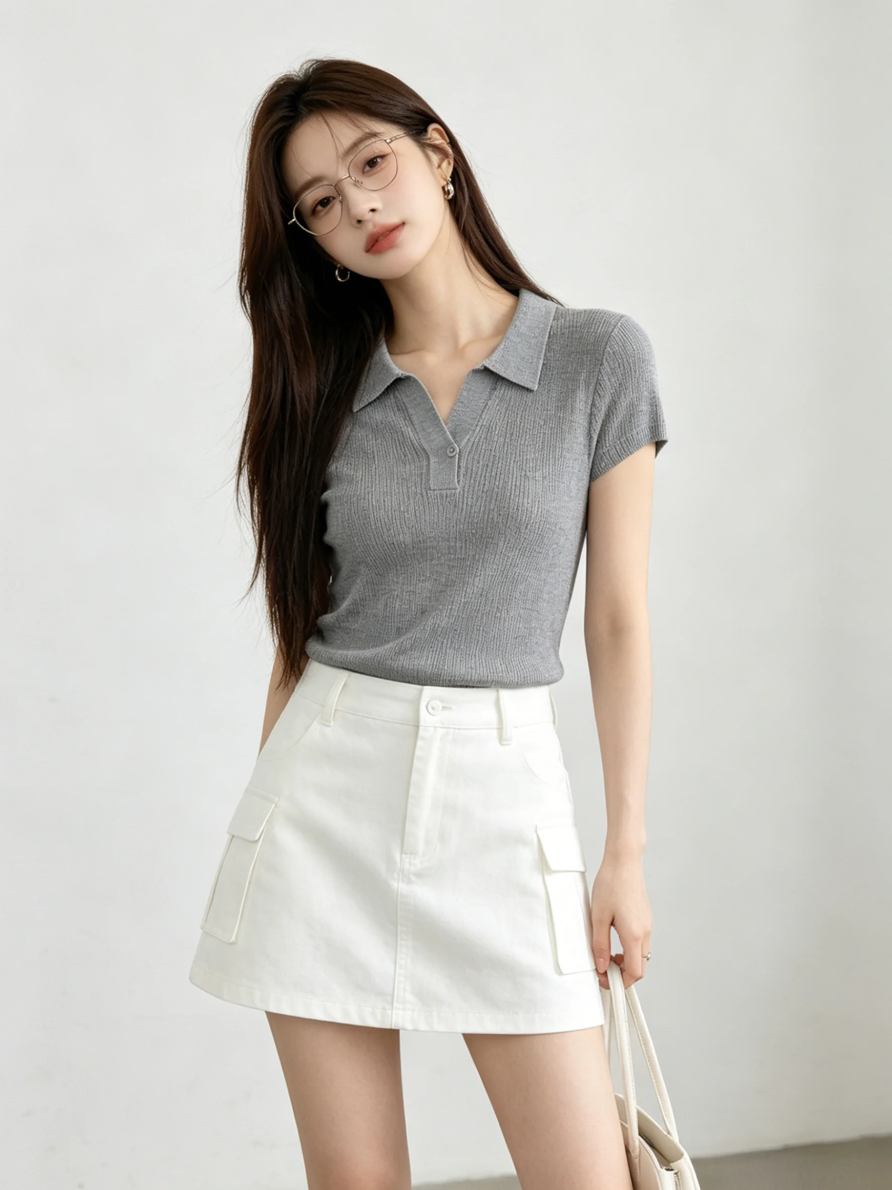 Korean Style Pure Color Short Sleeve Knitted T-Shirt Women's Slim Fit Summer New Commute Versatile Flip Collar Breathable Ski...
