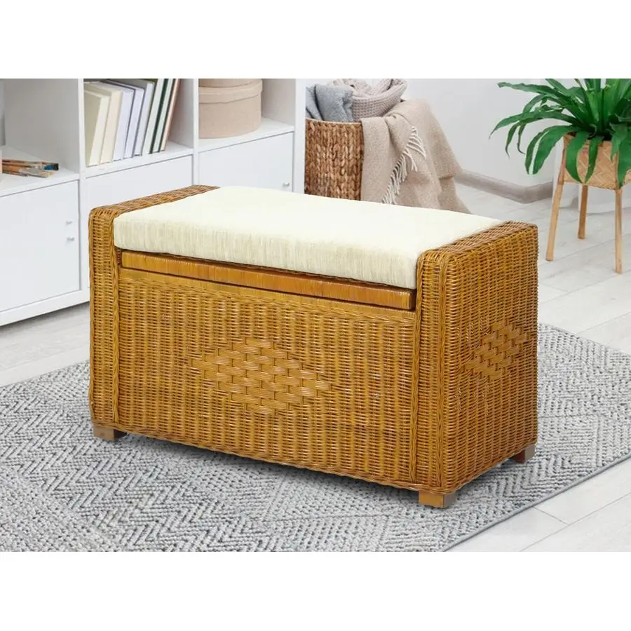 Handmade 32 Inch Rattan Wicker Chest Storage Trunk Organizer Ottoman W Cushion Colonial