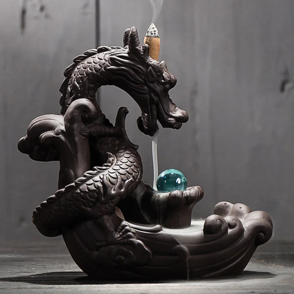 

Handcrafts Dragon Backflow Incense Home Decor Censer With Lucky Crystal Ball