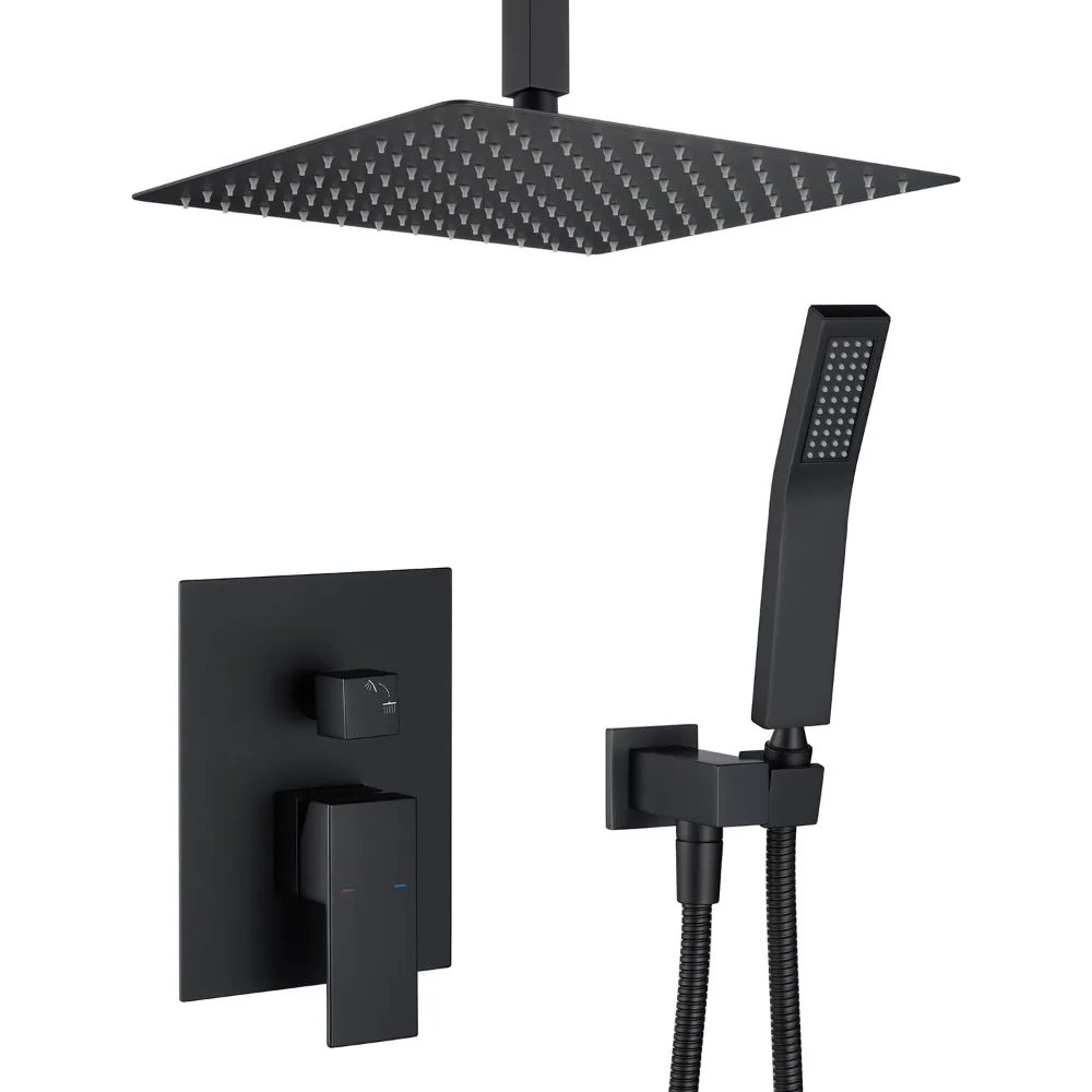 

12-Inch Black Ceiling-Mounted Rain Shower System with Combo Shower Head and Hand Shower