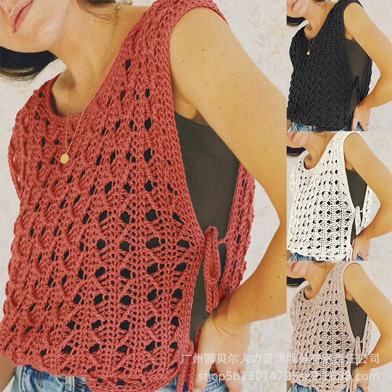 

Женский вязаный жилет, винтажные топы без рукавов с круглым вырезом, повседневный однотонный свитер, жилеты, вязаная уличная одежда, осень