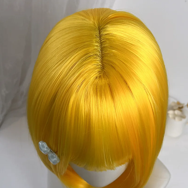 Image 5: Perruque courte pour femme, style bob jaune citron, perruque synthétique droite fabriquée à la machine pour cosplay d'Halloween