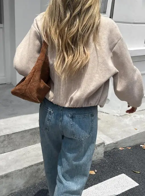 

Autumn 2025 Casual High-End Texture Women's Long Sleeved Jacket Round Neck Solid Color Short Style Simple Zipper Front Jacket