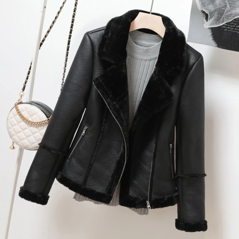 2023 New Women High-End Fur Integrated PU Leather Coat Winter Female Temperament Casual Warm Leather Outwear Motorcycle Jacket