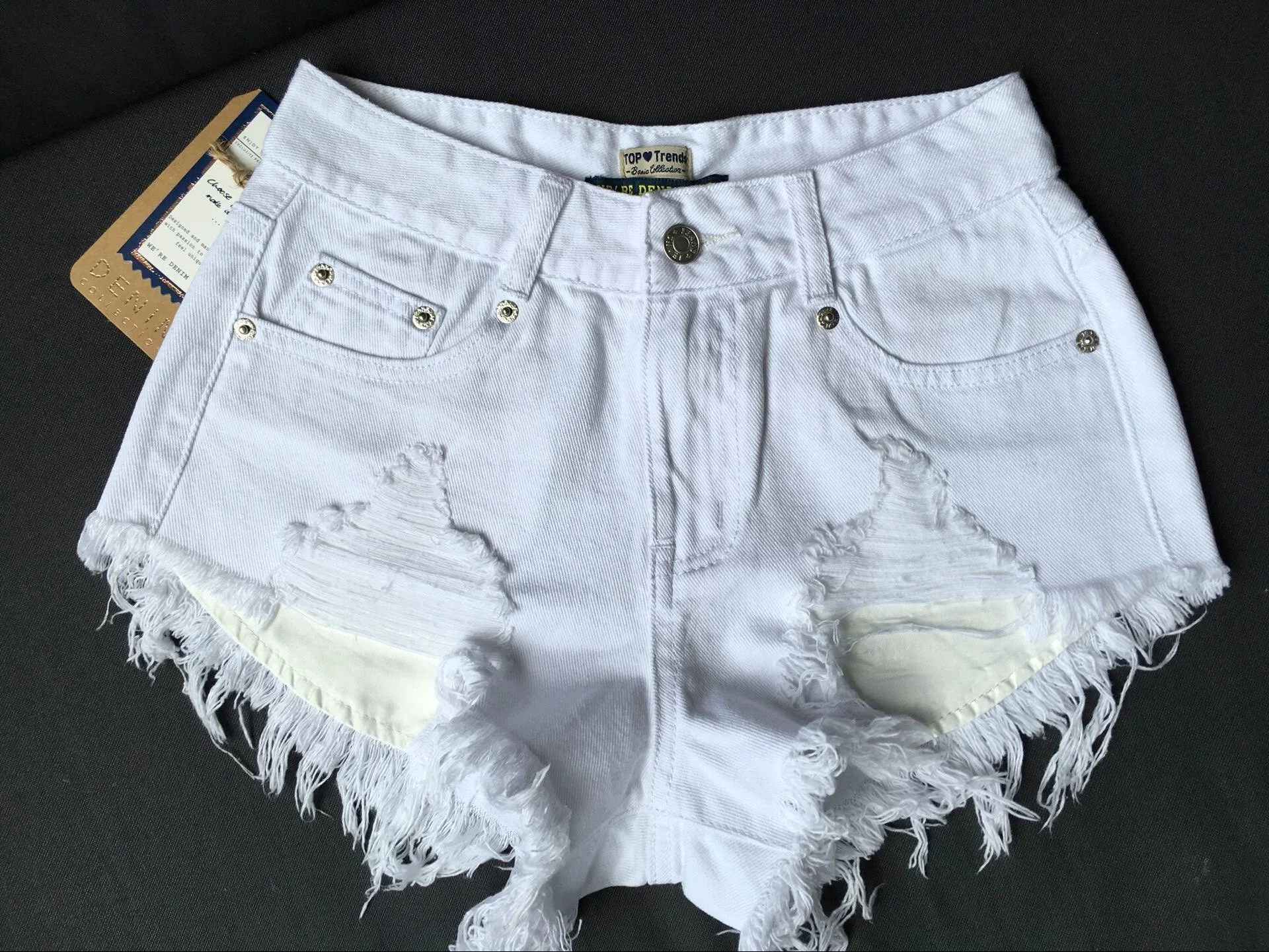 

Fashion Korean Unique White Jeans Hole Ripped Low Waist Denim Shorts Women Low Waist Wide Leg Pants