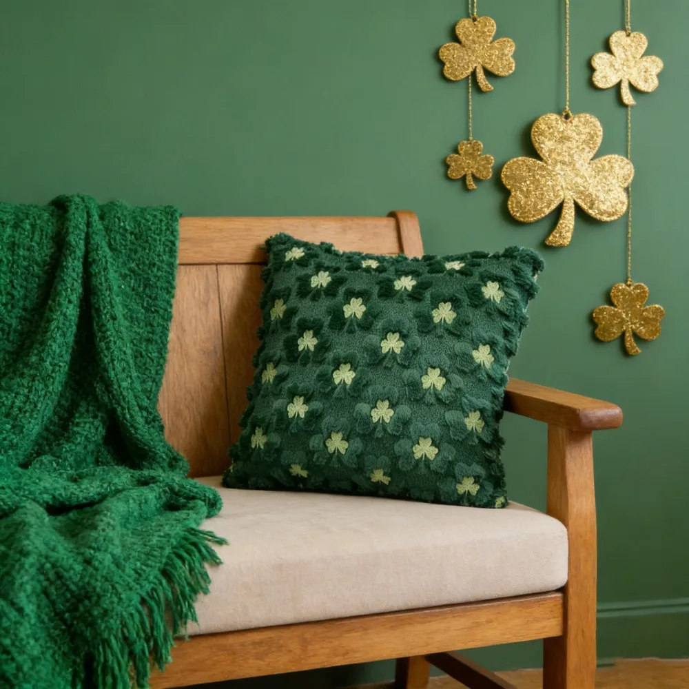 

Practical Tufted St. Patrick'S Day Cushion Cover Zipped Embroidery Lucky Clover Pillowcase Square Throw Pillow Cover Bed Room