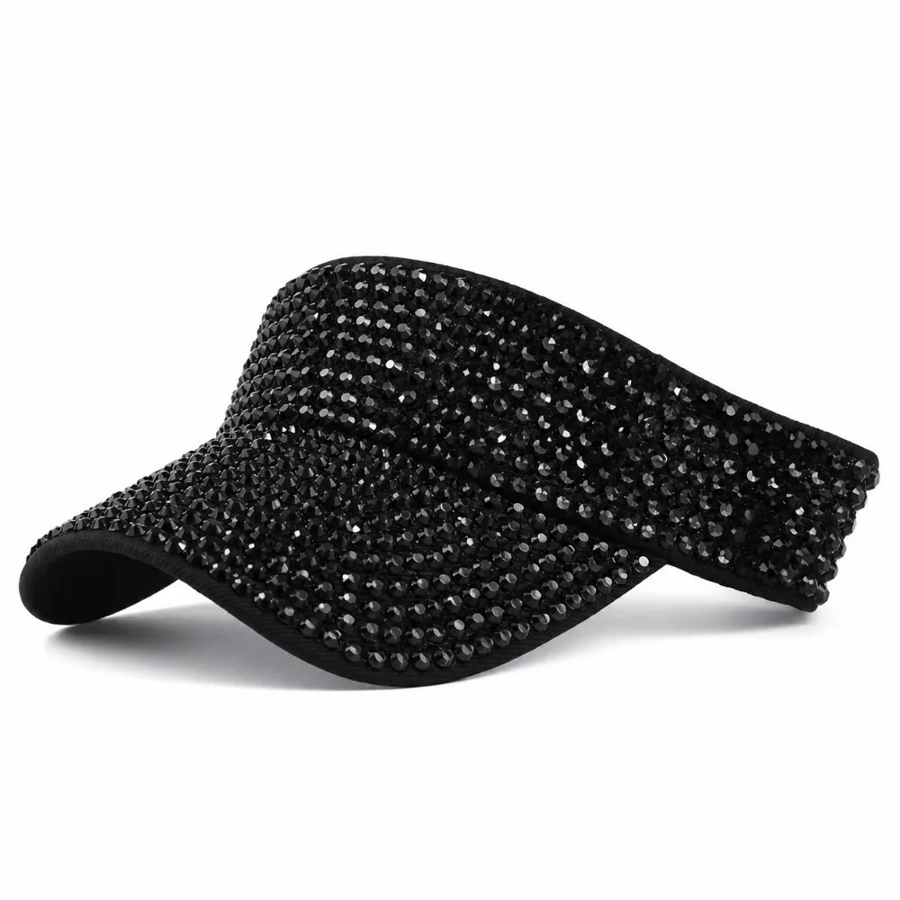 Adjustable Rhinestone Sun Visor Hat Shiny Rhinestone Decor Diamond-Embedded Hat Empty Top Design Sun Protection Top Hat Visor