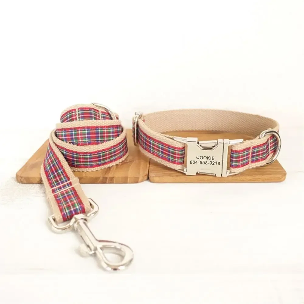 Personalized Dog Collar with Free Engraving, Matching Pet Leash,Customzied Contacts Metal Buckle,Red Plaid Pet Collar