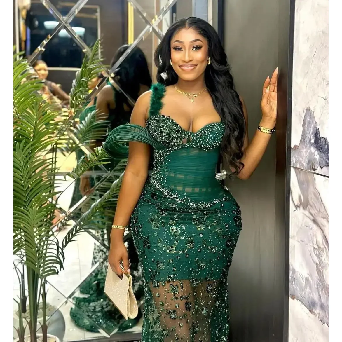 Hunter Green Prom Dress Crystal Mermaid Tulle Prom Gowns Feather Sequin Gorgeous Aso Ebi Evening Dresses Sheer Beads See Through