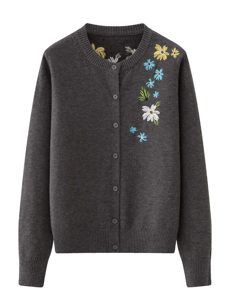 Soft Slouchy Coat Women's Fashion Versatile Flower Embroidered Knitted Sweater New Single Breasted O-Neck Long Sleeve Cardigan