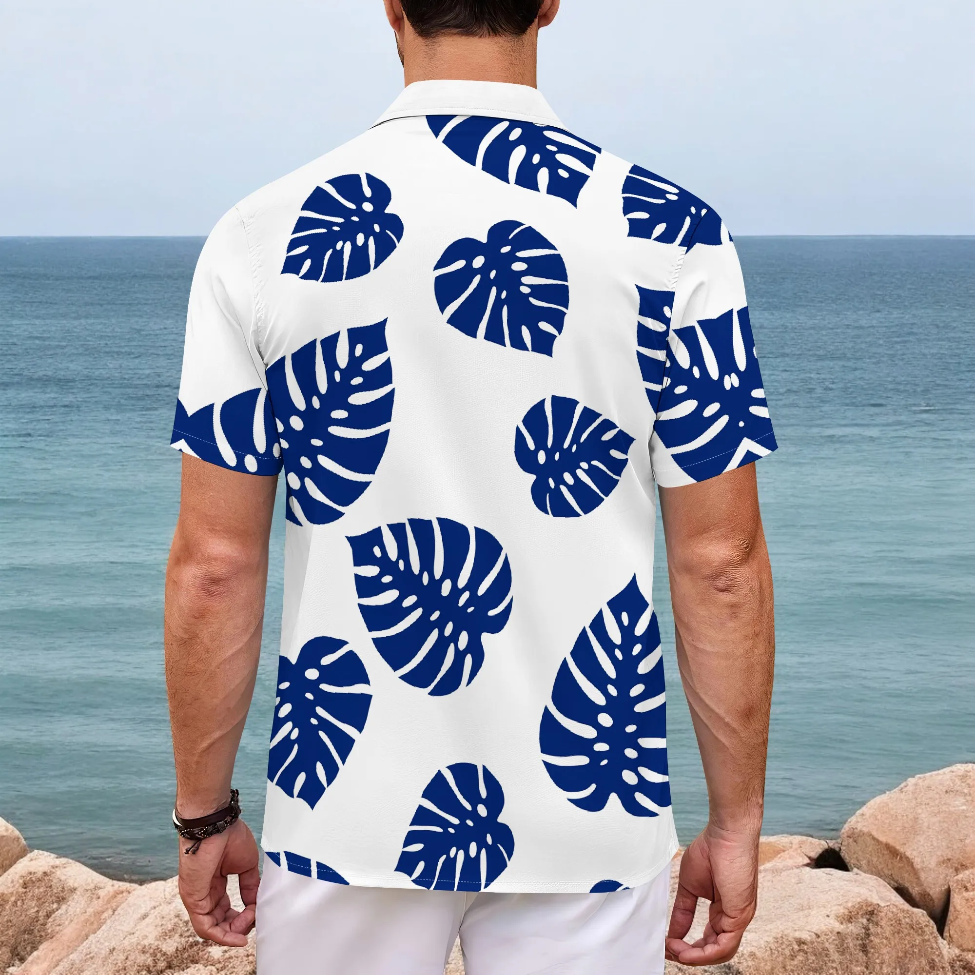 YEAE Blue Monstera Leaf Pattern Shirt for Men Summer Casual Short Sleeve Top