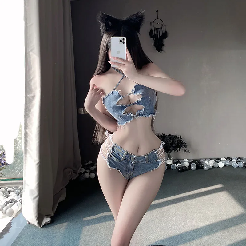 

Sexy Lingerie Jeans Style Bra Panty Suit Set Hot Hollow Out Lacing Exotic Clothing Pajamas Underwear Night Club Wear Women Girls