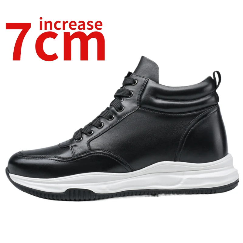 Invisible Height Increasing Shoes for Men's 7cm Elevator Shoe Thick Platform Genuine Leather Medium High Top Casual Board Shoes