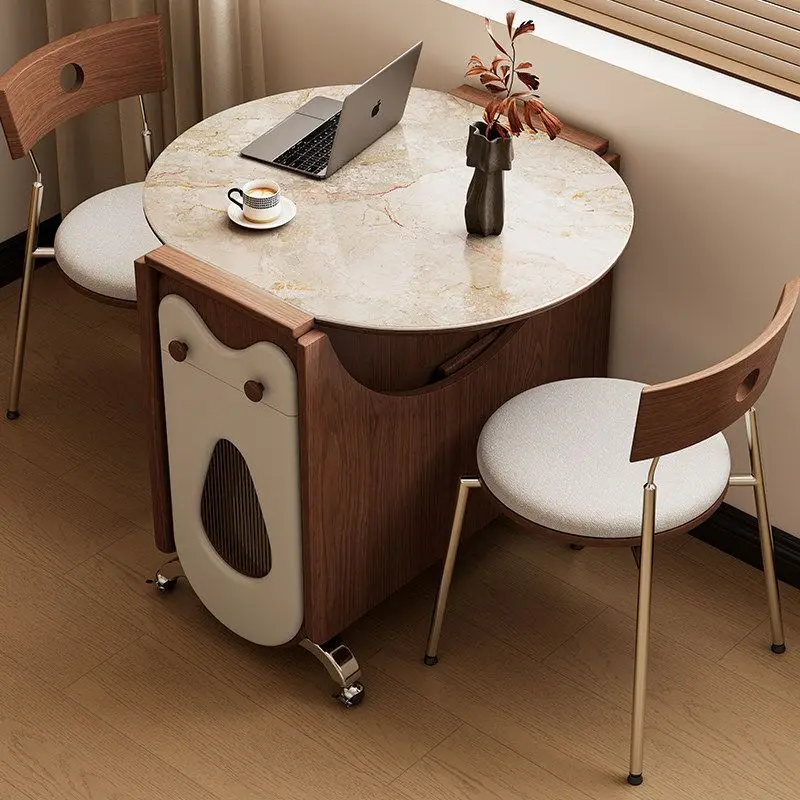 Rock slab dining table and chair combination, movable folding, solid wood dining table, household small apartment